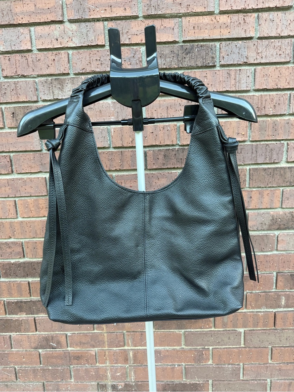 Laggo Black Pebbled Leather Slouchy Hobo Shoulder Bag Tote Purse Tassels Ruched